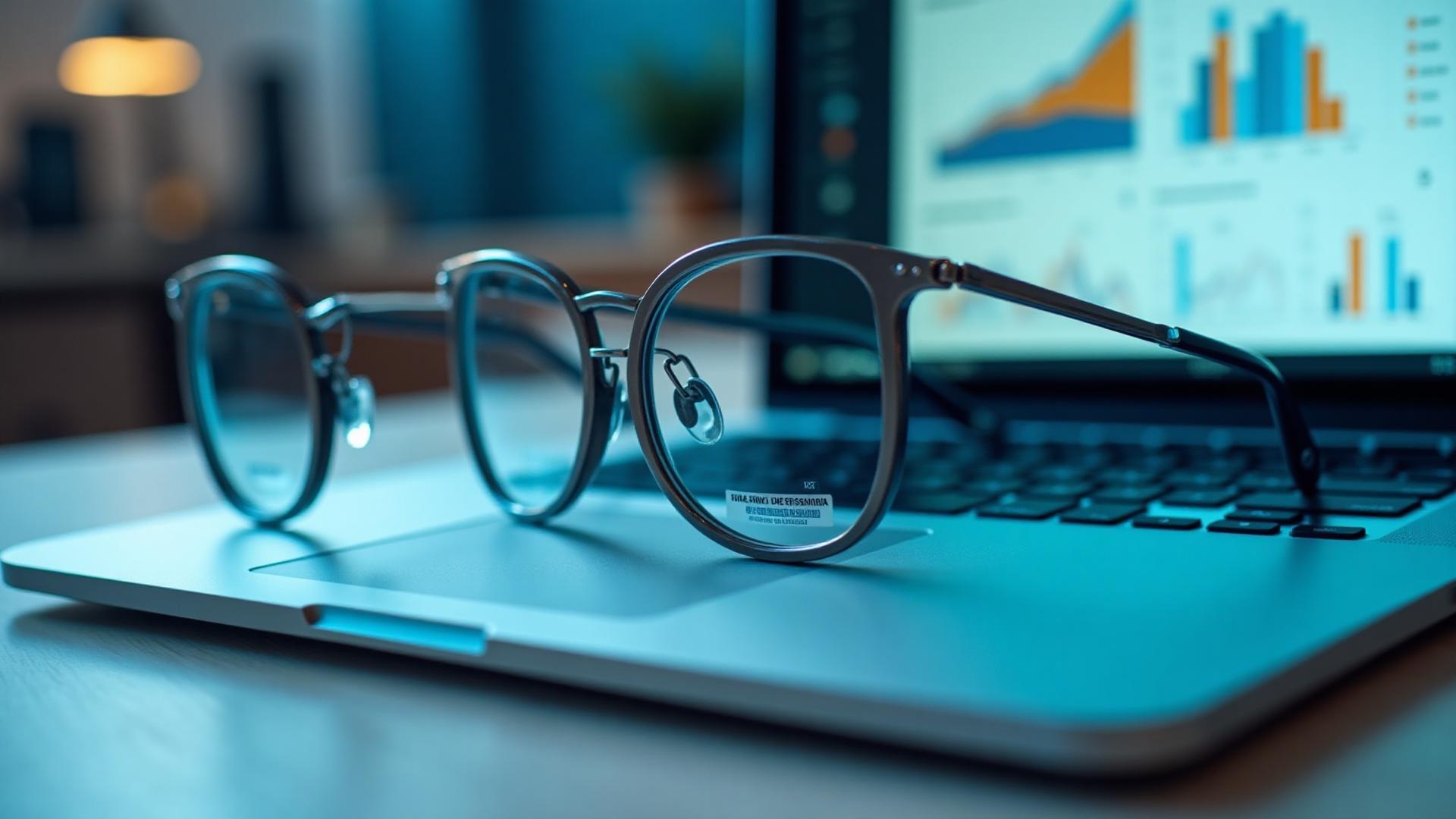 Armação de óculos em frente a um computador com gráficos de gestão
